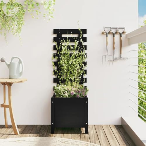 Lauuoeriau Home Items, Garten-Pflanzgefäß mit Gestell, Schwarz, 39 x 39,5 x 114 cm, Massivholz, Kiefernholz, Anzugmöbel