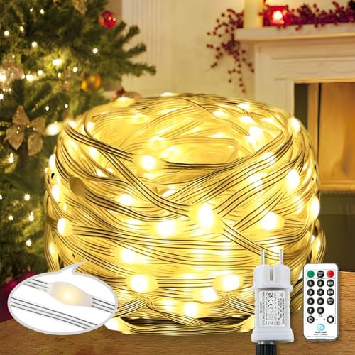Qillnyy 220 LED catena luminosa con luci per esterni/interni, 25 m, 8 modalità, con telecomando, timer, filo di PVC, decorazione giardino, albero di Natale, matrimonio, Natale (bianco caldo)
