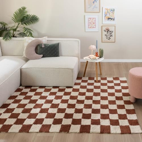 FRAAI | Home & Living Retro Teppich - Gambit Braun Weiß - Blöcke - Wohnzimmer, Kinderzimmer, Schlafzimmer - Fellteppich - Carpet