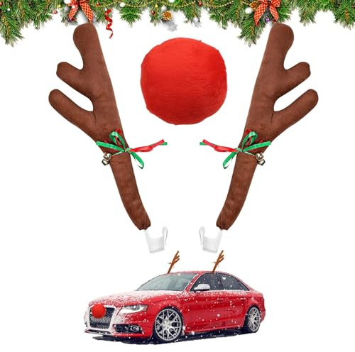 Rentier Auto Set,Auto Deko Weihnachten,Auto Rentiergeweih Rudolf | Auto Rentier Kostüm,Auto Weihnachtendeko mit Geweih,Weihnachtsschmuck,Fahrzeug Weihnachtsdekoration,Weihnachtsdeko