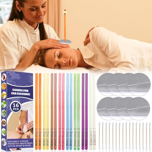 Kit de 16 velas para oídos, eliminador de cerumen no tóxico, cilíndrico, con filtro de seguridad y hisopos para limpiar el cerumen