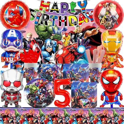HTTMTTS Anniversaire Avenger Décoration 5 Ans, Avenger Kit Vaisselle FêTe Garcon, D'anniversaire Deco Bannières Assiettes,Tasses Nappe Serviettes Fêtes Décorations Enfants(10 invités)