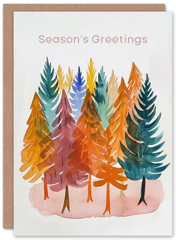 Artery8 Colourful Pine Trees Bright Watercolour Painting Blank For Him Or Her Art Christmas Card