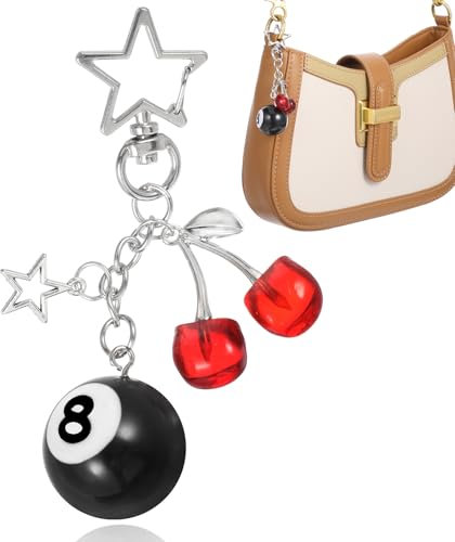 Ouligay Kirsch Billardkugel Schlüsselanhänger Damen, Kirsche Bag Charm Billardkugel Anhänger mit Stern Schlüsselring, 8 Ball Keychain Y2k für Taschen, Tasche, Autoschlüssel, Geldbörsen, Handtaschen
