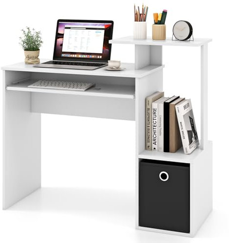 COSTWAY Compact Computer Desk, Wooden Study Writing Workstation with Pull-out Keyboard Tray, Open Shelf and Fabric Storage Drawer, Modern PC Laptop Table Working Desk for Home Office (White)