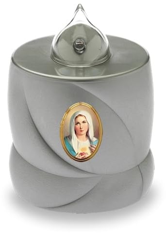 AROBA 2x LED Grabkerze Trauerlicht - Flackereffekt wie echte Kerze - lange Brenndauer bis 200 Tage - wiederverwendbar Friedhofskerze Gedenkkerze Dauerkerze - silber Heilige Maria