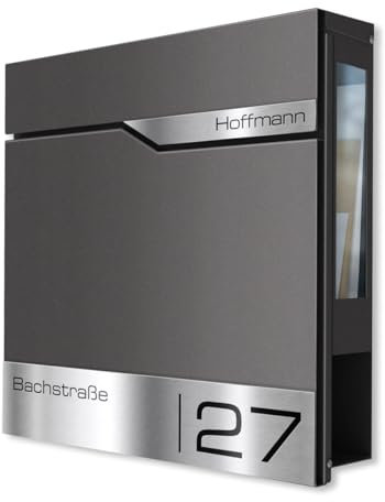 Metzler Briefkasten Eisenglimmer mit Sichtfenster und Zeitungsfach – Wandbriefkasten mit Namensschild aus Edelstahl personalisiert mit Laser Gravur – Postkasten wasserdicht mit Fenster | Siebert SF