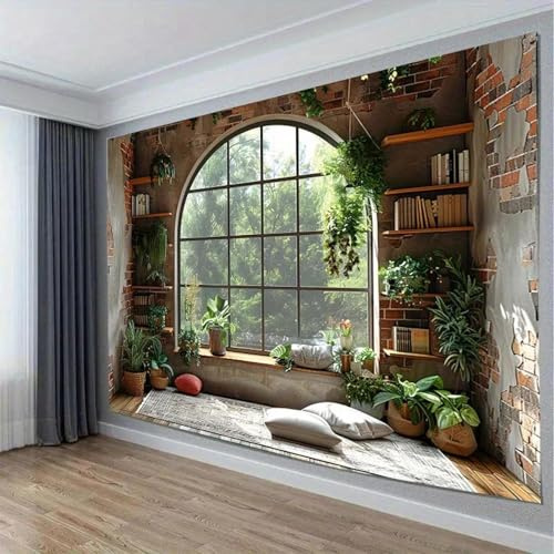 Tapisserie d'intérieur en Polyester avec Vue sur la fenêtre et Plantes en Pot - décoration Murale de Salon en Tissu tricoté 350x230cm