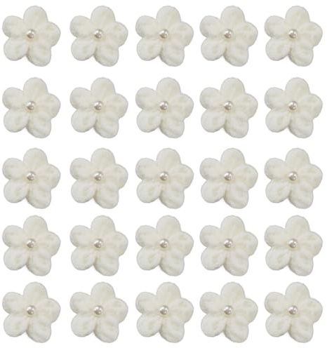 Jtnohx Gehäkelte Blumen Aufnäher Häkelblumen Applikationen Weiß 3cm | 25 Stück Kleine Miniaturblumen zum Basteln mit Perlen für Stirnbänder Hunde und Katzenleinen Haarspangen Dekorationen