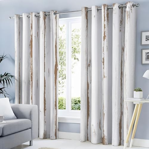 Tenda Oscurante Camera Da Letto Con Occhielli Strisce Di Legno Anticato Bianco, Tende Finestre Oscuranti Termiche Isolanti Per Soggiorno Stile Rustico Retrò Motivo 75Lx166A Cm 2 Pannelli