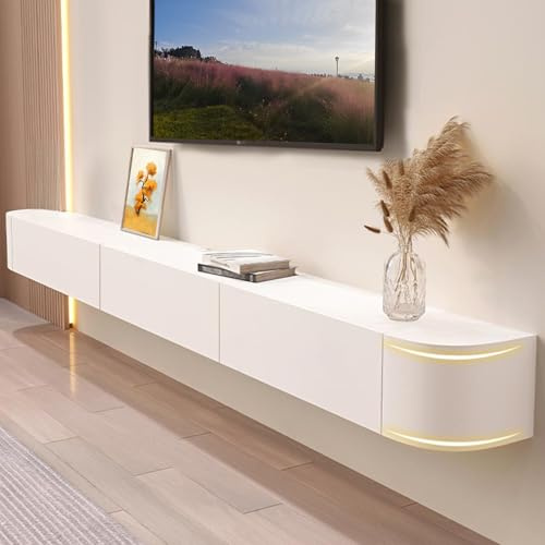 Wrtsxe Schwebende TV-Ständer aus Massivholz zur Wandmontage, Wand-Entertainment-Center mit Lagerschränken und herunterklappbaren Türen, schwebend für Wohnzimmer, Schlafzimmer, Büro (Blanc, 160cm)