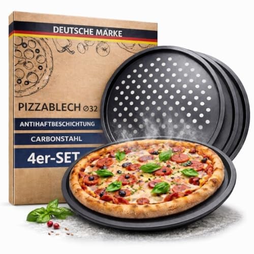 TOPANBIETER 999 Set di 4 teglie per pizza Ø 32 cm – Teglia rotonda forata per pizza e torta di fiamme in acciaio – Rivestimento antiaderente – Resistente al calore fino a 250° - Antracite
