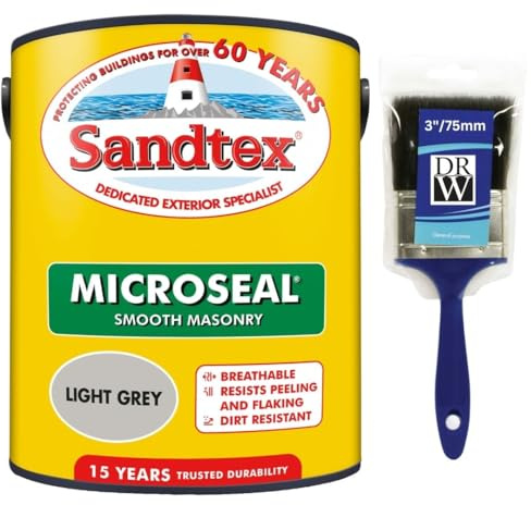 DRW Light Grey Microseal Smooth Masonry Paint 5L+3 Brush | Exterior Wall Paint for Brick Render Concrete and Stone | Long Lasting Weather Protection | Smooth Matt Masonry Finish for Exterior Walls
