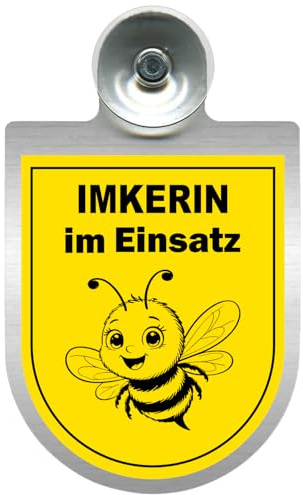 Aluschild Imkerin im Einsatz Autoschild 16 x 10 cm aus Aluminium mit Saugnapf – Windschutzscheiben Schild mit Bienenmotiv für Imkerei Fahrzeuge