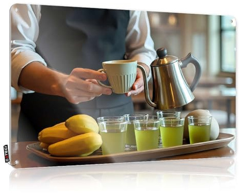 A Person Is Pouring Tea Into Cups On A Tray With Bananas Camping Decorations Scoreboard Hanging | Small Poster Soft Bath Vintage Metal Wall Decor(30X40CM)