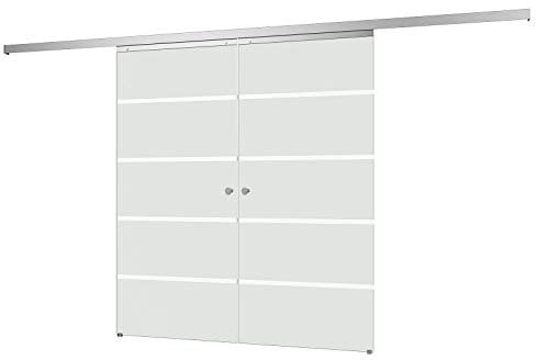 inova Schiebetür aus Glas 88x203cm hoch Streifen Milchglas Alu Set mit Schiebetürbeschlag Laufschiene und Griff