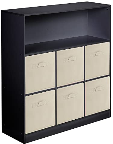 URBNLIVING Wooden Wide 7 Cubed Cupboard Bookcase Storage Units Shelves 6 Drawers Baskets (Beige Drawer, Black Bookcase)