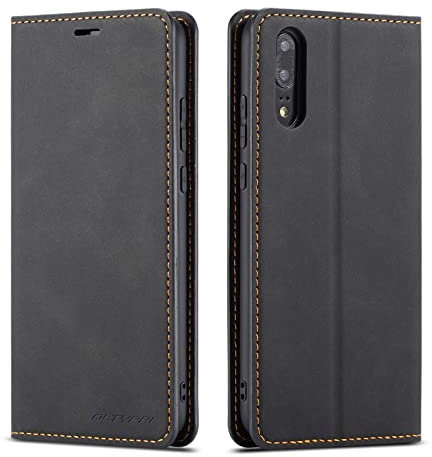 QLTYPRI Hülle für Huawei P20, Premium Dünne Ledertasche Handyhülle mit Kartenfach Ständer Flip Schutzhülle Kompatibel mit Huawei P20 - Schwarz