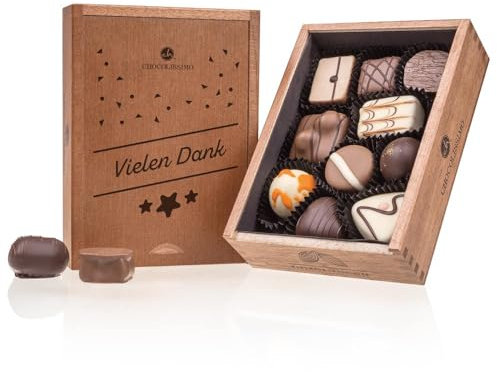 CHOCOLISSIMO - Danke Geschenk - Kleines Dankeschön Geschenk aus Schokolade in Holzbox - 10 edle Pralinen, mit Alkohol - Geschenkidee Geburtstag, Jahrestag, Valentinstag für Frauen, Männer, Papa, Mama