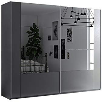 Furniture24 Kleiderschrank Santiago 250 Schlafzimmer 2 Türiger Schwebetürenschrank Schrank mit Schiebetür 3 Kleiderstangen 5 Einlegeboden und 2 Schubladen Graphite mit Spiegel