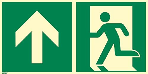 Notausgangsschild geradeaus, durch die Tür oder aufwärts, Hart-PVC, langnachleuchtend, 300 x 150 mm gemäß ASR A1.3 / ISO 7010 E001, Rettungszeichen Schild, 30 x 15 cm