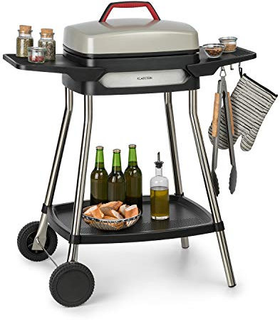 KLARSTEIN Gatsby - Grill Elettrico, 2000W, EasyGrill Concept, Piastra: 40x36 cm in Alluminio Pressofuso Antiaderente, Tavoli Laterali: 20 x 32 cm, Termostato, Ruote, Beige/Nero