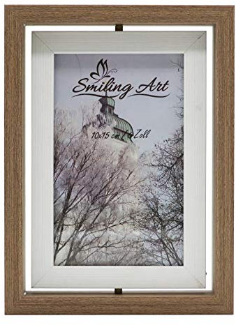 Smiling Art drehbarer Bilderrahmen, Doppelrahmen für 2 Fotos aus MDF Holz mit Glas in Querformat und Hochformat zum Aufstellen (Braun+Weiß, 10x15 cm)