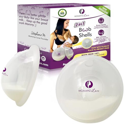 Mommyz Love Conchas de pecho y recogedor de leche para lactancia materna Nuevo modelo con tapones 2 en 1 – Recogedor de leche materna para pezones doloridos y engorrosados – Conchas de pezón