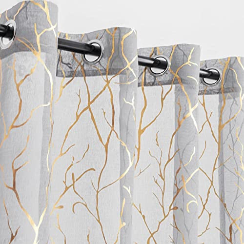 Kotile Durchsichtige Vorhänge mit Baumzweig – metallische Goldfolie, Baumzweig-Druck, grau, durchscheinende Vorhänge, 150 cm Länge für Schlafzimmer, Ösen-Oberseite, 2 Paneele, Grau Gold
