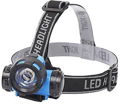 Linterna de cabeza de color azul con 1 led de 0,8 W, con luz fría y potencia de 22 lúmenes, de 6 x 8 cm. Cinta con luz para distintas funciones con alcance de 50 metros.