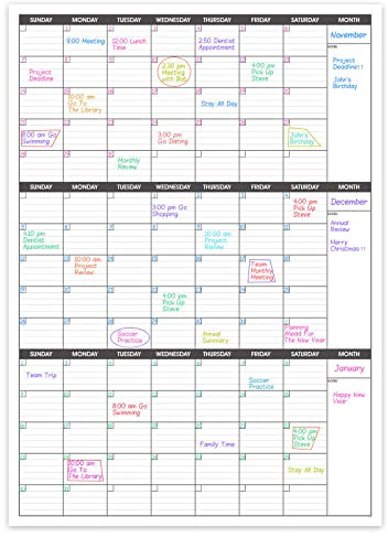 Grande calendario da parete cancellabile a secco, calendario verticale da parete 3 mesi, vuoto, riutilizzabile, mensile, trimestrale, planner senza data, 70,6 x 104,1 cm, lavagna bianca, calendario,