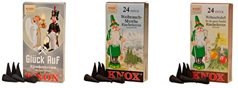 KNOX Räucherkerzen - Duftmischung Berg-Glück - 3er Set - Glück Auf + Weihrauch-Myrrhe + Weihnachtsduft - 24 Stück pro Packung inkl. 3 Räucherkerzen Meeresbriese - Made in Germany