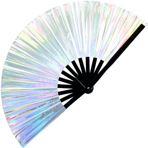 SoJourner Bags Holographic Silver Rave Fan - Large Folding Clack Fan for Men and Women - Rave Accessories for EDM, Line Dancing, Cosplay, Concerts and More
