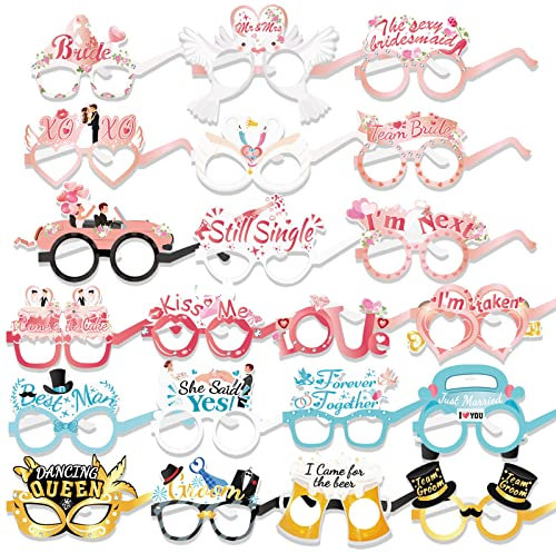 DPKOW 21pcs Divertenti Matrimonio Occhiali Photo Booth Accessori, Addio al Nubilato Occhiali di Carta per Nozze Matrimonio Gadget Bomboniere, Just Married, Mr & Mrs, Team Sposa Sposo, Ancora Single