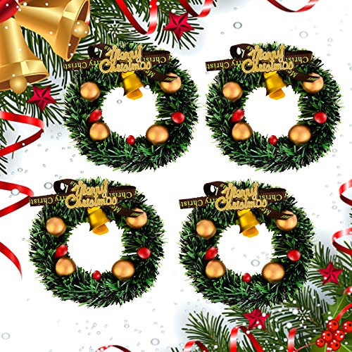 cobee Dollhouse Miniature Christmas Wreaths with Bells, 4PCS 1:12 Dollhouse Accessories Mini Holiday Wreath Christmas Decoration Miniature Scene Model Xmas Party Decor