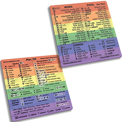 SYNERLOGIC (2 sets) Mac OS + Word/Excel (for Mac) Shortcuts Stickers Bundle | No-Residue Laminated Vinyl Cheatsheet MacBook Keyboard Stickers 83 x 83 mm (Rainbow, 2 sets)
