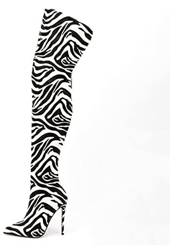 woileRQ Donne Punta sopra Il Ginocchio Stivali, Tacco Alto Stivali al Ginocchio, Tacchi a Spillo Stivali Alti, Moda Autunno Inverno Stivali Lunghi,Zebra Pattern,45