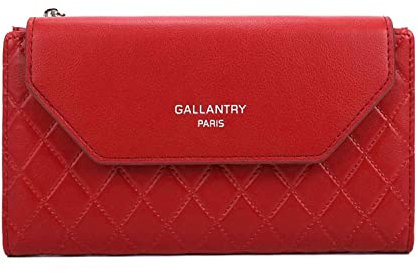 Gallantry Portefeuille Femme Longue Tri-pli - Porte-Carte Monnaie Tout-en-Un - Similicuir Matelassé Carreaux Fermeture Eclaire Magnétique - Fin Léger - Rouge Longue