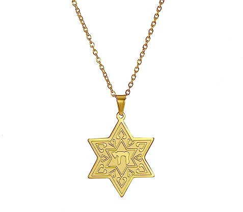 VASSAGO Jüdische Hebräisch Chai Anhänger Halskette für Frauen Männer Chai Symbol Edelstahl Jüdische Chai Arabische Kette Amulett Religion Schmuck Geschenke (Goldstern von David Halskette)