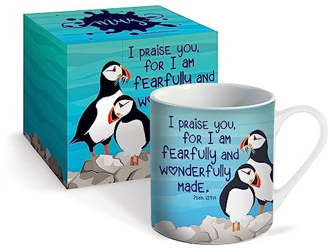 Christian Mug with Gift Box, Fearfully & Wonderfully Made (Puffins), with Bible Verse Psalm 139:14. Bible Verse Mug Makes Perfect Christian Gifts for Women & Men, by Just Cards Direct