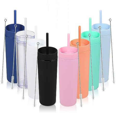 Volhoply 480ml Mug en plastique avec couvercle et paille Bulk 4 Pack, Isolé Double Paroi Bpa Free Matte Acrylique Gobelets, Café glacé Voyage Gobelets Party Cup,Diy(Coloris Assortis,8 Set)