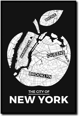 daazoo Bild New York Big Apple mit Rahmen 40 x 60 cm (AUFHÄNGFERTIG) - Stadtplan Brooklyn Manhattan Queens Bronx - Gerahmtes Wandbild - Bilder Set - schwarzweiß schwarzweiss schwarz weiss weiß