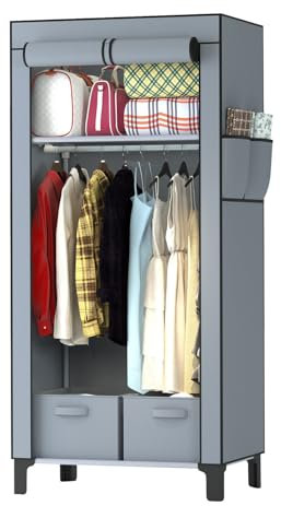 LOEFME Stoffkleiderschrank 161x59x45 cm – Faltbarer Kleiderschrank mit 2 Aufbewahrungsboxen & Seitentaschen, Stabiler & Tragbarer Stoffschrank für Schlafzimmer, Wohnung & Wohnheim, Grau