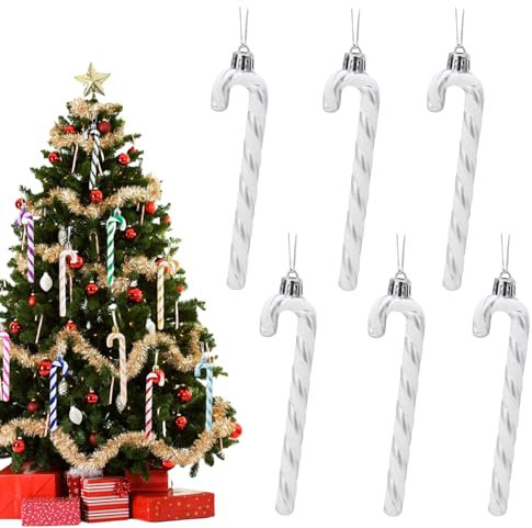 13cm Silver White Christmas Candy Cane Decoration - 6pcs Glitter Xmas Tree Pendant Hanging Ornaments - Plastic Holiday New Year Party Decor