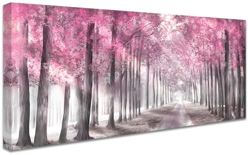 Sonniger Rosa Waldbaum Wälder Mit Rahmen Leinwand Bilder Bild auf Leinwand Malerei Poster Foto Bild Wandbilder Heimbüro Restaurant Wohnzimmer Schlafzimmer Wanddekoration Bereit zum Aufhängen 50x120cm