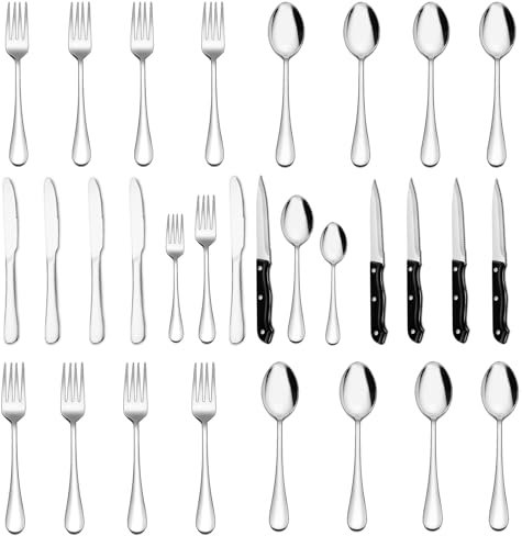 CALIYO Besteck Set, 24-teiliges Besteck Set mit Steakmesser für 4 Personen mit Messer Gabel Löffel, Hochwertiges Edelstahlbesteck, Hochglanzpoliert & Spülmaschinenfest für Haus/Küche/Restaurant