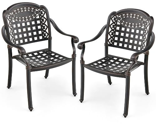 GIANTEX Lot de 2 chaises de jardin en aluminium moulé sous pression, empilables, avec accoudoirs, pieds réglables, fauteuils métalliques pour jardin, cour, balcon, bord de piscine, couleur