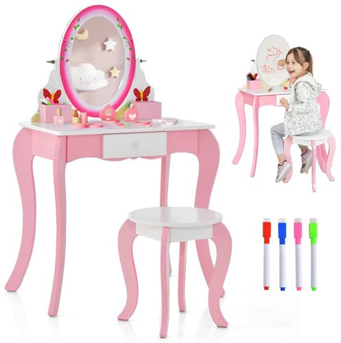 GOPLUS 2 in 1 Kinderschminktisch mit Hocker, Frisiertisch mit abnehmbarem & drehbarem Spiegel & Whiteboard & Schublade & 2 Ablagegitter, Kosmetiktisch für Mädchen von 3-7 Jahren (Rosa)