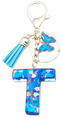 Xsclpomddy Frauen Alphabet Buchstaben Schlüsselanhänger Niedlich Schlüsselanhänger Glitzer mit Schmetterling Quasten Harz Blau Keychain für Tasche Charme