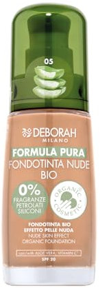 Deborah Milano Foundation Formula Pure Nude Bio Nr. 05 Almond mit Vitamin C und Aloe Vera, SPF 20, flüssige Textur mit mittlerer Deckkraft, für einen gleichmäßigen, strahlenden und samtigen Teint